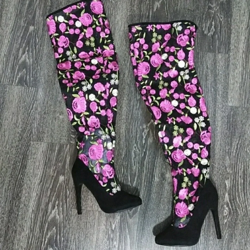 Lola Couture Floral Embroidered Over The Knee Boots Black Pink Stiletto Heel 10